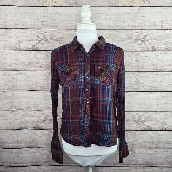 Free People Button Down Tartan Sunset Plaid Flannel Fall Long Sleeve Shirt Small - Picture 1 of 8